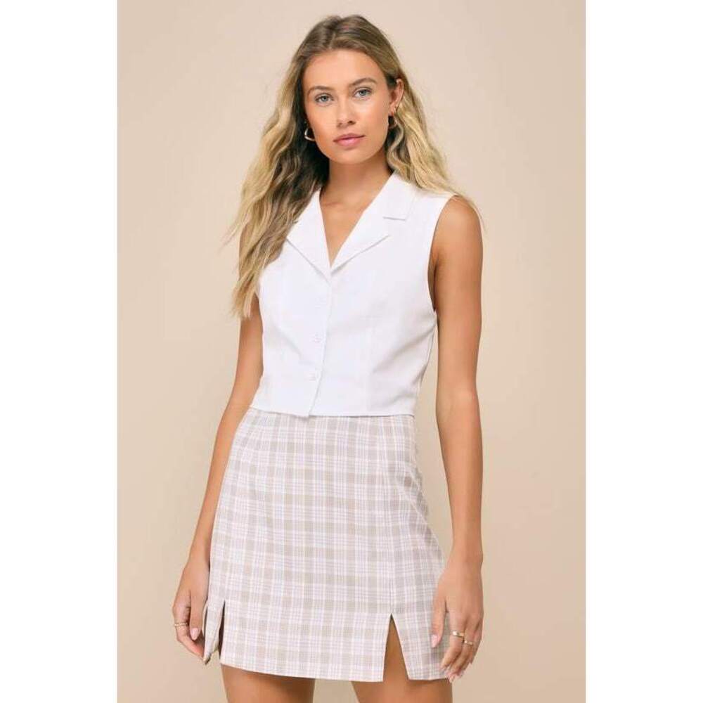 Lulus Fetching Cutie Beige Plaid High-rise Notched Mini Skirt - Size L